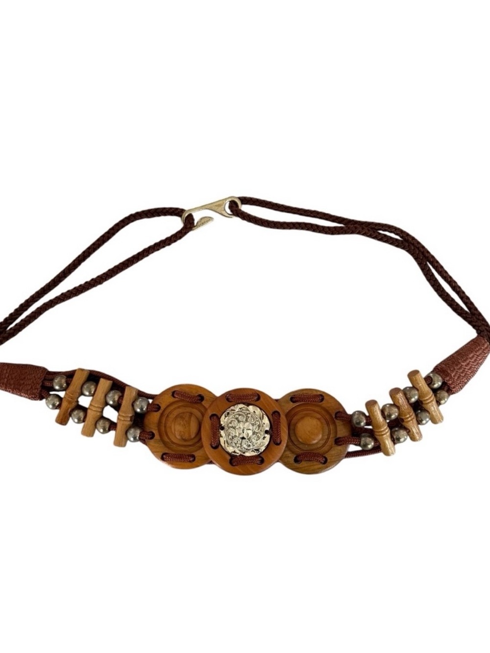 Vintage Y2K Brown & Gold Tone Wooden Beaded Boho Women’s Statement Belt 35” Long